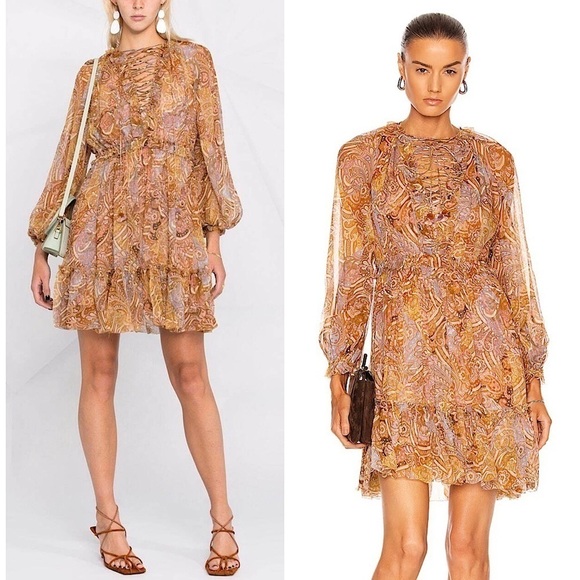 ZIMMERMANN Paisley Silk Ruffle Trim Puff Long Sleeve Lace Up Flounce Hem Dress 4 - Picture 1 of 16